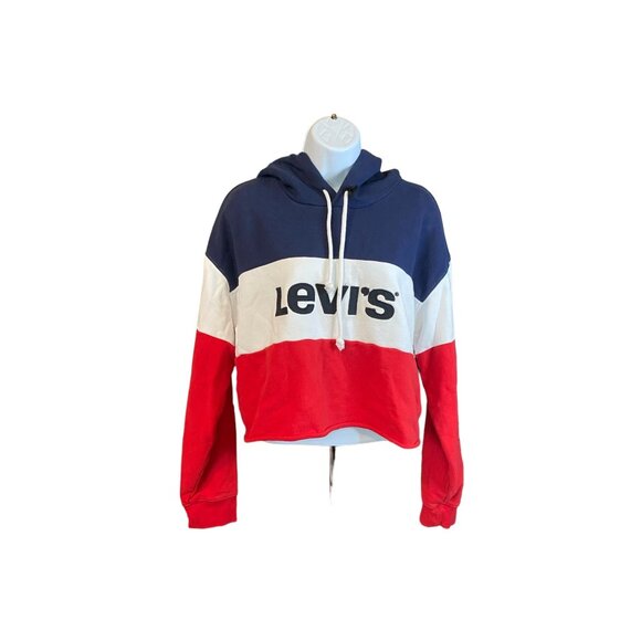 Levis Womens Sweatshirt Small Colorblock Hoodie Red White Navy Cotton Sportswear - Picture 2 of 10